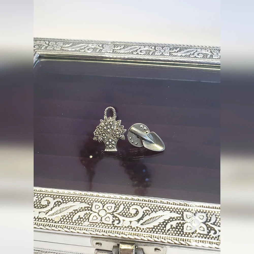 Silver Danforth Pewter 1993 Shovel Pin & Silver Avon Flower Basket Pin